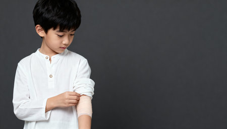 Asian boy bandaging his arm with bandage on gray background.の素材