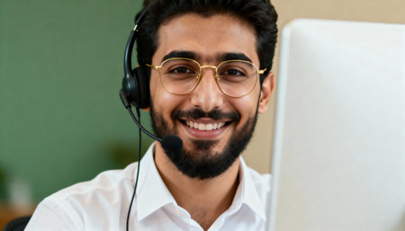 Portrait of a smiling Indian customer support operator with headset and computerの素材