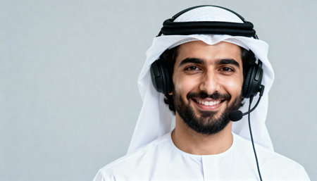 Portrait of a smiling Arabian man with headphones and microphoneの素材