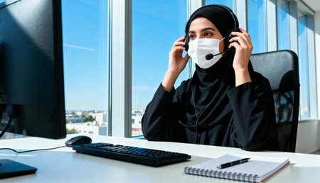 Arabic businesswoman wearing face mask and headset working in office.の素材