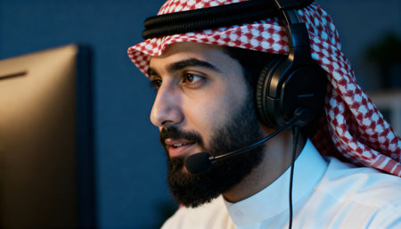 Arabian call center operator with headset and computer in the office.の素材