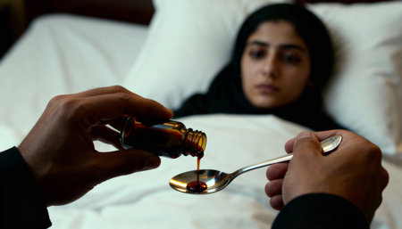 Young Muslim woman in a bed with a bottle of medicine and spoonの素材