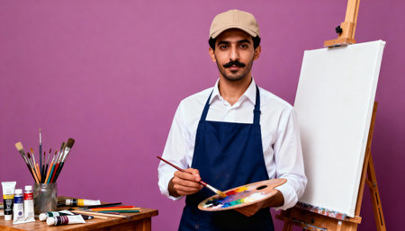 Portrait of young male artist painting picture on easel in studioの素材