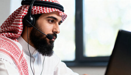 Portrait of arabic businessman with headset working in call centerの素材