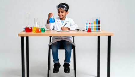Indian little girl doing science experiments in the laboratory. Education concept.の素材