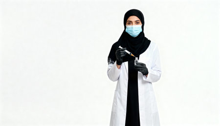 muslim doctor in mask and gloves with syringe on white backgroundの素材