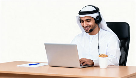 Portrait of young arabic businessman working with laptop computer.の素材