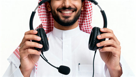 cropped view of smiling arabian man in headphones with microphone isolated on whiteの素材
