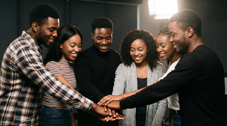 Group of young african american business people putting their hands togetherの素材