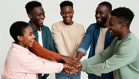 happy african american friends holding hands on white background, teamwork conceptの素材
