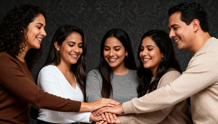 Group of young multiethnic people joining hands and smiling at cameraの素材
