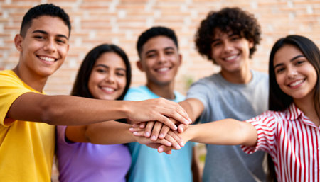 Group of young multiracial friends putting their hands together and smilingの素材