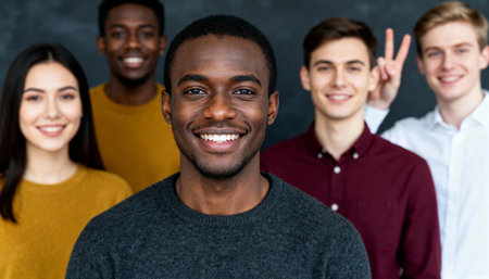 Portrait of happy african american man with group of diverse peopleの素材