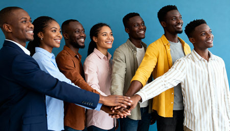 Group of happy african american business people shaking hands against blue backgroundの素材