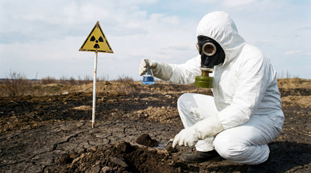 Scientist in protective suit and gas mask looking at the soil sample in the fieldの素材