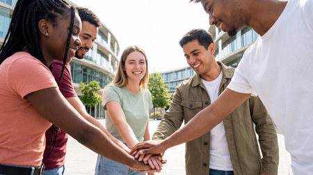 multiethnic group of young people holding hands and looking at each otherの素材