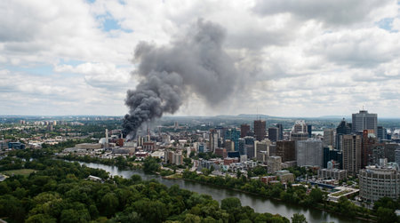 Aerial view of the city of Rotterdam with a smoking chimneyの素材