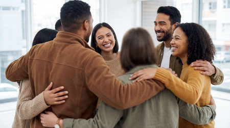 happy multiethnic businesspeople hugging in modern office on break timeの素材