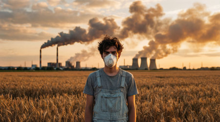 Young man in a protective medical mask against the background of a large industrial power plant. The concept of environmental pollution.の素材
