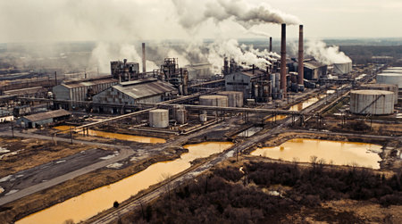 Aerial view of coal power plant with smoking chimneys in autumnの素材