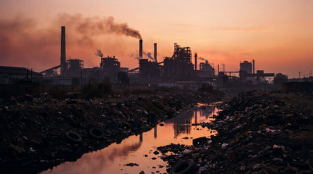 Industrial landscape with a river in the foreground and a factory at sunsetの素材