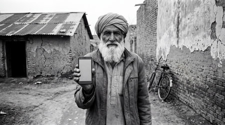 Old man with a beard and turban on his head holds a smartphone in his hands.の素材