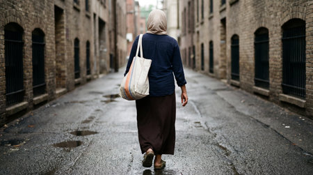 Back view of a senior woman walking in the street with her handbagの素材