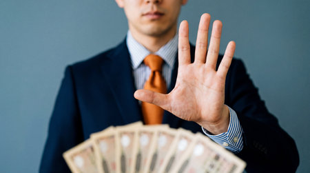Businessman showing stop gesture with money in his hand, focus on handの素材