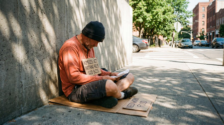 Homeless man reading newspaper while sitting on sidewalk in downtown Los Angelesの素材