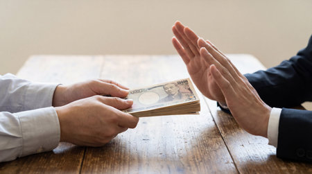 Businessman refusing to receive money from his partner. Business concept.の素材
