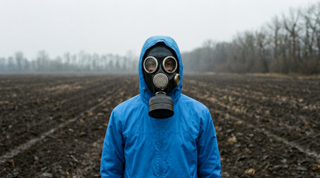 Man in a gas mask on the background of an agricultural field.の素材