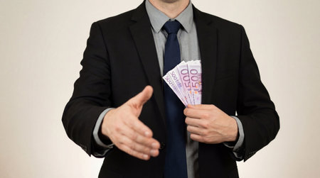 Businessman offering a bribe in the form of a fan of moneyの素材