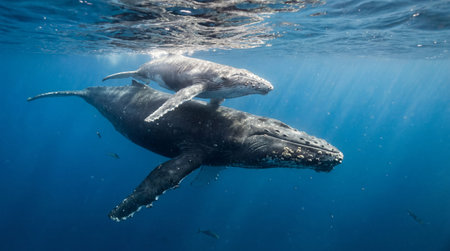 Humpback whale swimming in the deep blue waters of the Pacific Oceanの素材