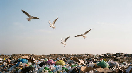 Seagulls flying in the air over a garbage dump.の素材