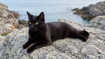 Black cat on a rock at the coast of the island of Sardiniaの素材