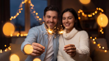 happy couple with sparklers at christmas party in evening at homeの素材