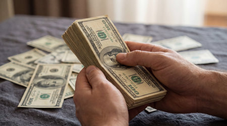 Hands counting dollar banknotes on a bed in a hotel roomの素材