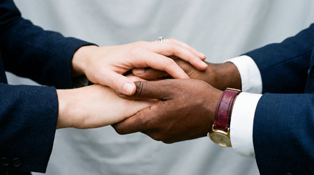 Close-up of business people putting their hands together against gray backgroundの素材