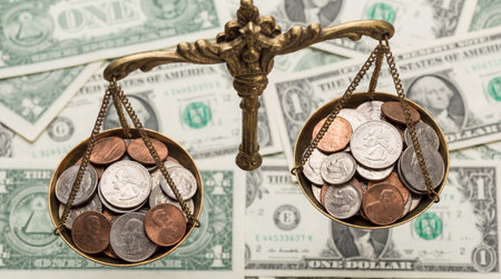 Coins on the scales of justice on the background of dollar billsの素材