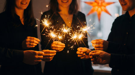 Group of people holding sparklers in hands. New Year and Christmas conceptの素材