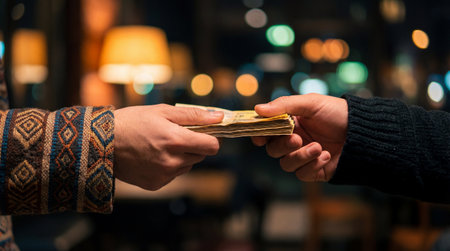 Hands of a man and a woman exchanging money in a restaurantの素材