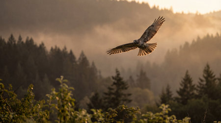 Hawk flying over the forest in the morning with foggy backgroundの素材