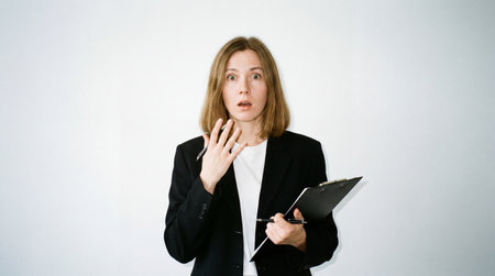 Surprised business woman holding clipboard and looking at camera on white backgroundの素材