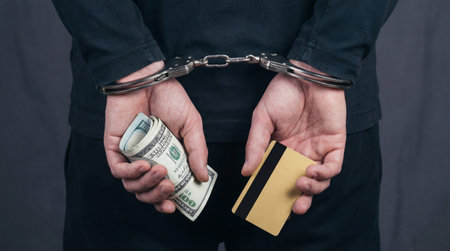 Handcuffed man with money and credit card in handcuffs on dark backgroundの素材