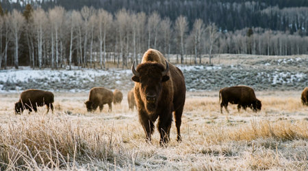 Bison in the field in winter. The Bison is a species of bison native to North America.の素材
