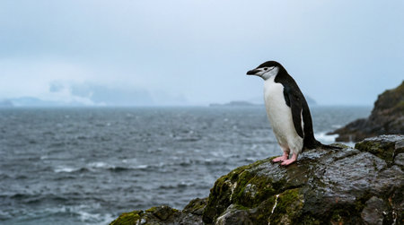 Chinstrap penguin (Pygoscelis chinstrap) standing on rockの素材