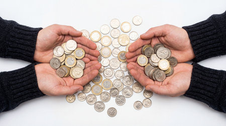 Coins in hands on a white background. Save money concept.の素材
