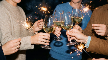 Group of friends clinking glasses with champagne and sparklers at partyの素材
