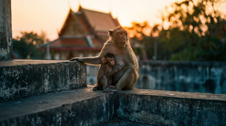 Monkey sitting on the wall in the temple at sunset, Thailandの素材