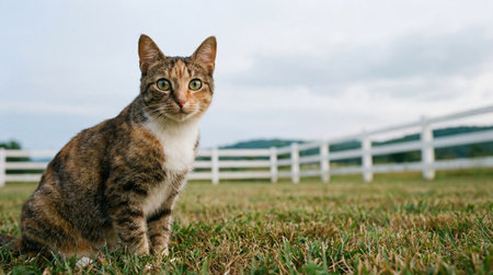 Cute cat sitting in the green grass with white fence background.の素材